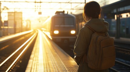 Young student waiting for train at sunset in railway station