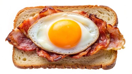 Fried egg with bacon on the slice of bread isolated on a white background, top view
