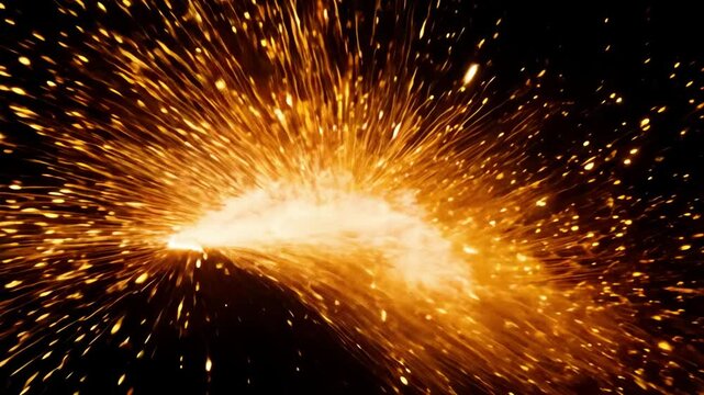 Bright orange sparks flying from molten metal on black background