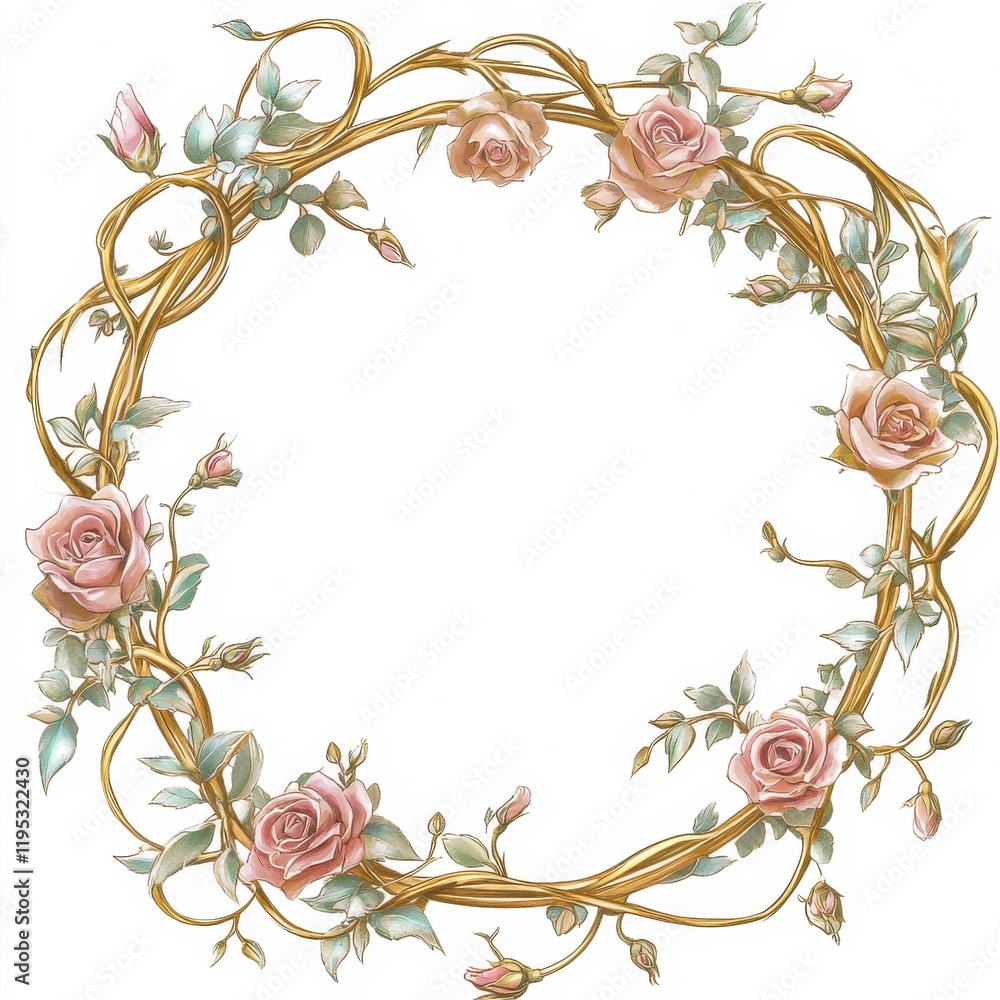 Poster delicate circular frame adorned with soft pink roses and twisting golden vines in a floral design