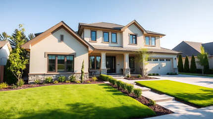 Obraz premium Luxury Two-Story Home with Modern Design and Landscaped Garden. Beautiful Exterior, Real Estate Property