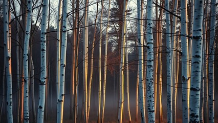 Obraz premium Silver Birch Grove in Soft Misty Light at Dusk