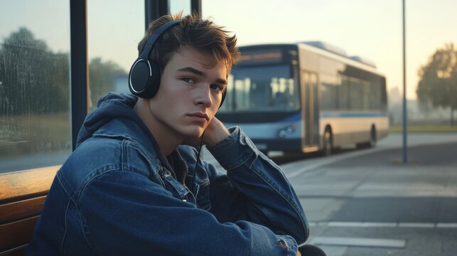 Young man listening to music while waiting for bus at bus stop