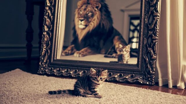 Vulnerable kitten gazing intently at powerful lion reflection within vintage mirror, symbolizing transformative journey of inner courage, potential, and self-empowerment