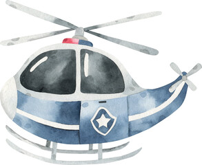 Watercolor illustration of cute cartoon blue police helicopter on white background. Police illustration for children. Cute emergency vehicle. Police vehicles. Patrol. Kids room decor. Baby.