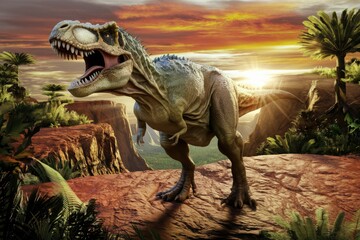 A majestic Tyrannosaurus Rex stands on a clifftop at sunset, overlooking a prehistoric landscape.