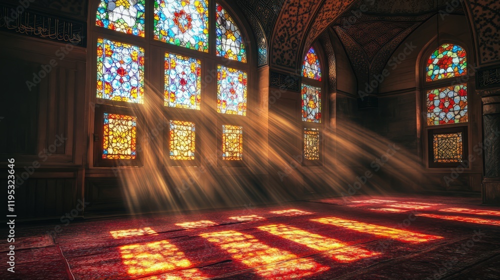 Poster sunlight streams through stained glass windows in a building illuminating the floor