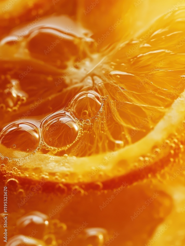 Poster close-up view of refreshing freshly squeezed orange juice with bubbles and vibrant color in bright n