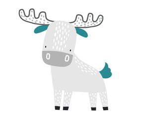 Vector hand drawn illustration of cartoon cute deer on white. Cute animals for children. Arctic animals. Cartoon baby character. Kids postcard, poster, print. Scandinavian.