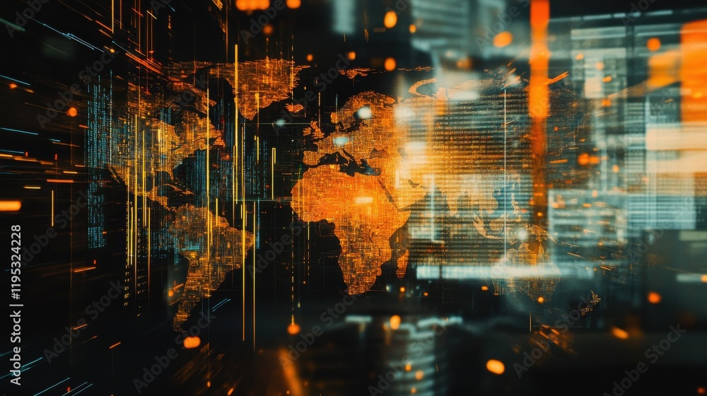 Poster intricate double exposure of a glowing world map with digital data overlays highlighting global conn