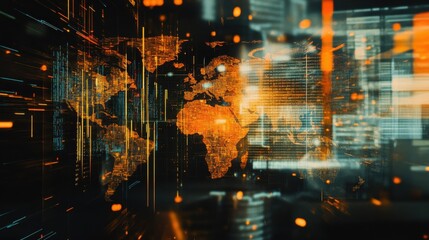 Intricate double exposure of a glowing world map with digital data overlays highlighting global connectivity and technology trends