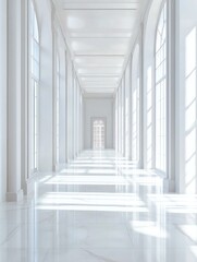 Obraz premium The hallway is long and spacious, with large columns on either side of the floor. The windows allow natural light to stream in, creating an airy and bright atmosphere.