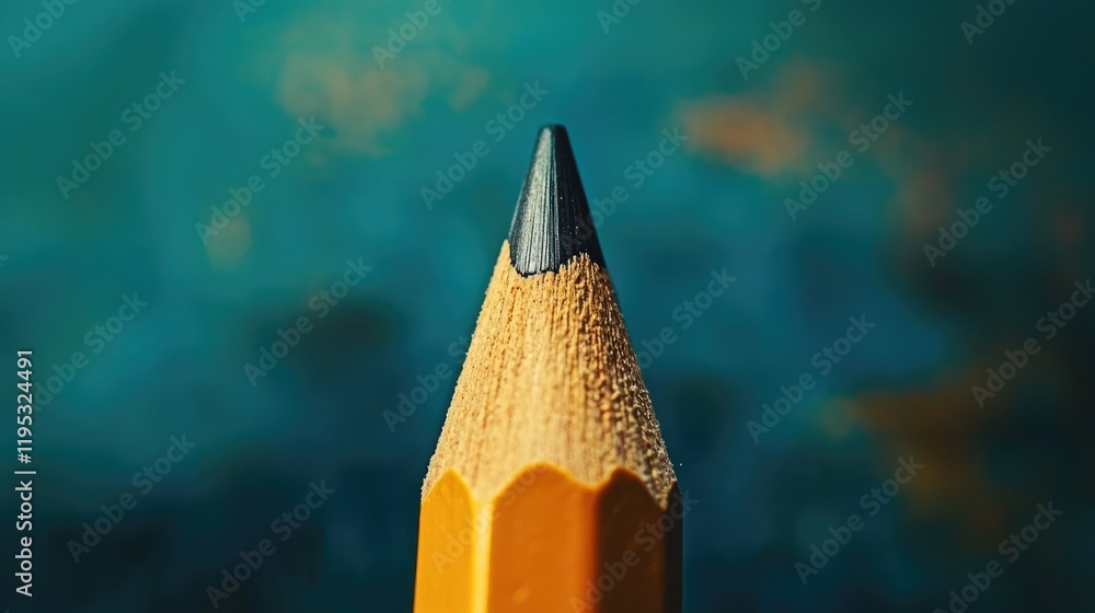 Poster pencil with a black tip is shown in focus. the pencil is sharpened and has a pointy tip