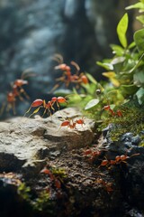 Red ants forage on rocks, lush green background.