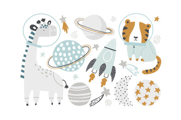 Vector illustration of cute giraffe and tiger astronauts, planets, rocket and stars. Space set for kids. Cartoon characters animals astronauts. Saturn, Moon. Cosmos elements. Space adventure. Baby.