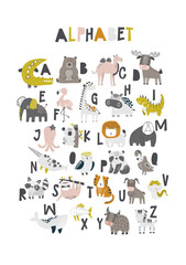 Fototapeta premium Vector illustration of alphabet for kids with animals. Childrens funny ABC for preschool, kindergarten learning, reading. Learn letters from a to z with animal theme. Kids poster. Scandinavian.