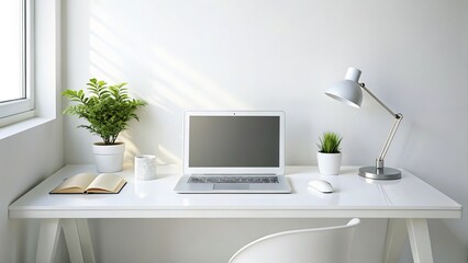Fototapeta premium Minimalist White Laptop Mockup: Blank Screen Computer Desktop with Keyboard