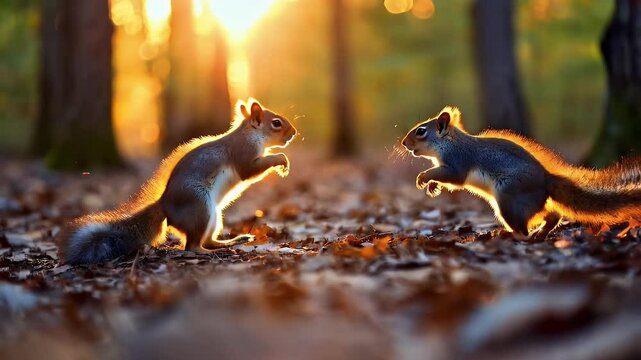 Squirrels playfully interacting in a sunlit forest during autumn