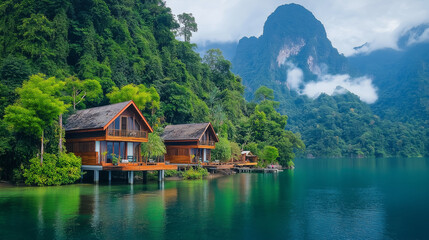 Obraz premium Lakefront Cabins in Tranquil Paradise: Two wooden cabins perched on stilts overlooking a serene turquoise lake, framed by lush green hills and a majestic mountain shrouded in mist.
