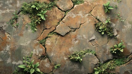 Naklejka premium Weathered concrete surface adorned with moss and green plants in a natural outdoor setting