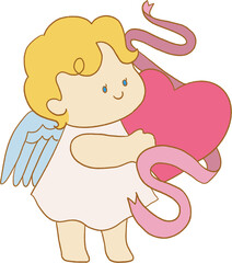 Valentine's Day elements in hand drawn kawaii cute  style. Set includes cupids, roses, hearts, arrow,gift and a gentleman. Cute characters