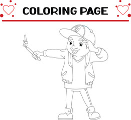cool boy is doing selfie coloring page for kids