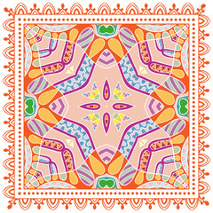 Decorative doodle ornament, symmetric pattern with lace frame. Tribal ethnic mandala decor. Bandana shawl, hijab, tablecloth fabric print, silk neck scarf, kerchief design. Colorful vector background