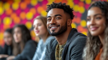 Happy young man smiling among diverse group.