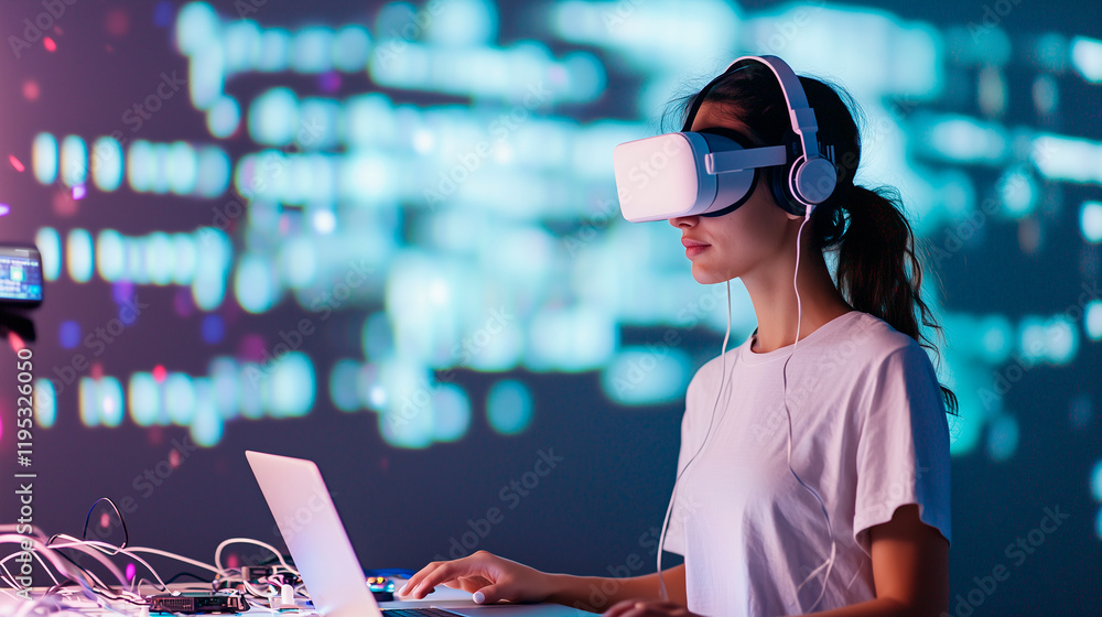 Poster tech environment with code display and focused woman