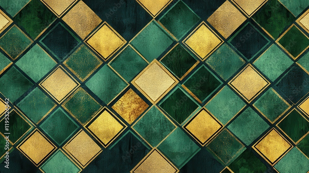 Poster Textured geometric pattern featuring interlocking shapes in green and gold tones creating a striking visual effect