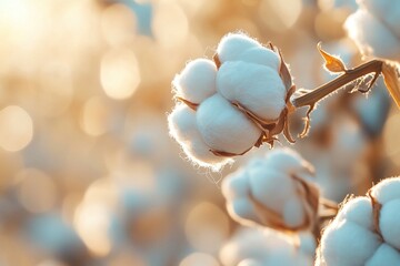 Close up of cotton bolls in a golden field during sunset showcasing natural fibers and sustainability