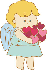 Valentine's Day elements in hand drawn kawaii cute  style. Set includes cupids, roses, hearts, arrow,gift and a gentleman. Cute characters