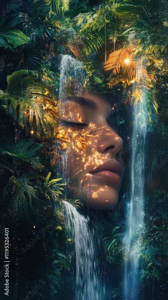 Poster surreal composition of a woman's face intertwined with lush jungle elements and cascading waterfalls