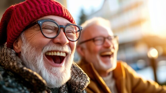 Joyful laughter shared between friends on a sunny day in winter