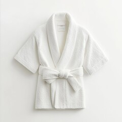 Soft white bathrobe neatly folded on a flat surface in a serene indoor setting for relaxation or spa use