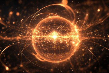 Glowing digital globe radiating energy with flowing lines and points representing data connections across a virtual landscape. Generative AI