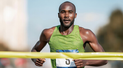 Undefeated Concept, Triumphant Marathon Runner Crossing the Finish Line with Joy and Determination in a Vibrant Atmosphere