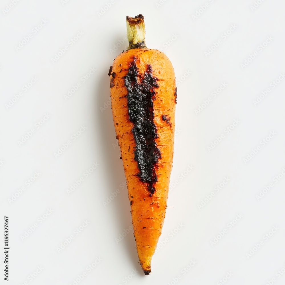 Poster roasted carrot with charred edges displayed on a clean white surface