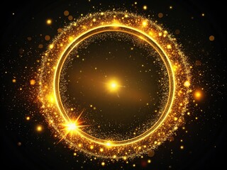 Golden Glowing Circle Frame, Glitter, Light Particles, Black Background, Abstract Art