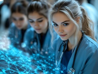 Confident female medical professionals collaborating on a digital interface.