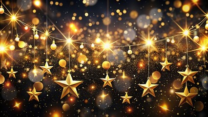 Obraz premium Golden Christmas New Year Sparkle: Glittering Stars & Garland Bokeh Background