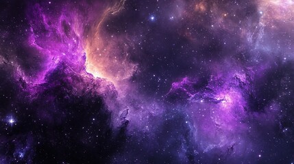 Naklejka premium Vivid cosmic galaxy in vibrant purple and gold tones filled with sparkling stars and nebulae creating a mesmerizing celestial scene