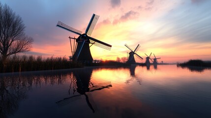 Windmills reflecting in water at sunset, creating a serene landscape.