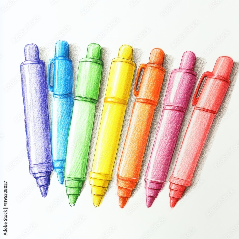 Poster set of colorful highlighters arranged in a row showcasing vibrant shades and details perfect for art
