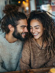 Fototapeta premium A man and woman are smiling at each other in a restaurant