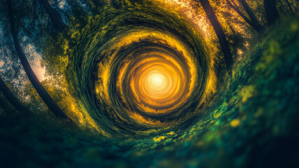 Vortex forest background poster. Fantastic whirlwind wallpaper. Abstract swirl dynamic concept horizontal banner. Digital raster bitmap illustration. AI artwork.	