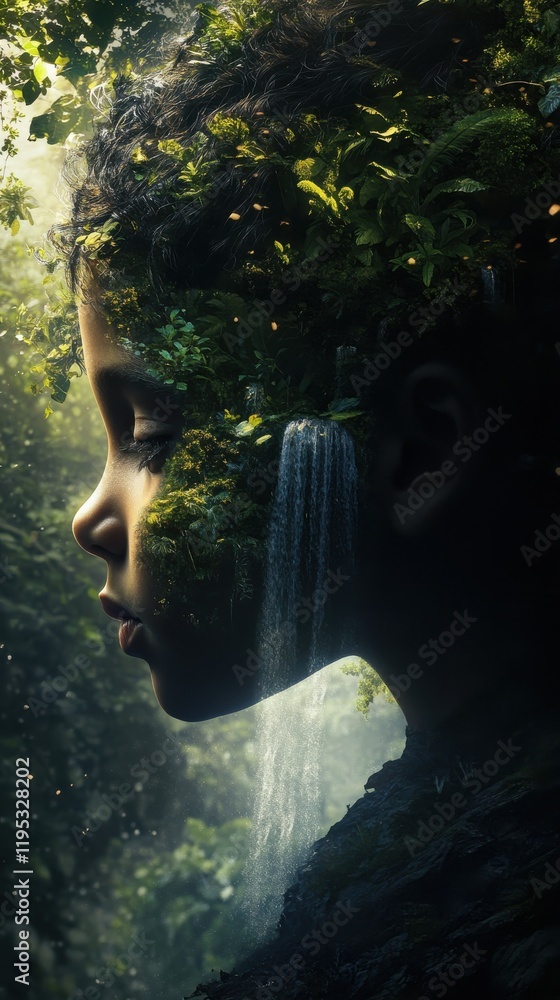 Poster serene representation of a child's face intertwined with nature and a peaceful waterfall in a lush f