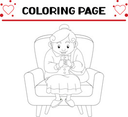 grandmother is playing hand phone coloring page for kids