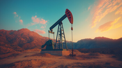 Naklejka premium Oil Pump at Sunset: A lone oil pump stands silhouetted against a vibrant sunset, showcasing the dramatic contrast between industrial infrastructure and the beauty of the natural landscape. 