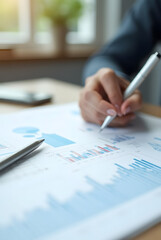 A sheet of paper with financial charts and a pen resting on it, placed near a house model icon, captured with a shallow depth of field, featuring a bokeh effect and a softly blurred background.